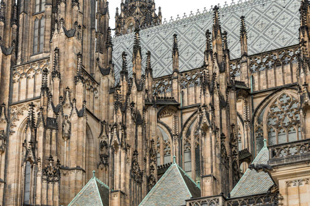 Prague, Czech Republic - Sept 03, 2019: St. Vitus's Cathedral detail inside Prague Castle, Czech Republic.\nGothic ornamental details of St. Vitus Cathedral