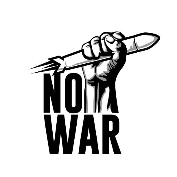 illustrazioni stock, clip art, cartoni animati e icone di tendenza di un missile in mano. concetto di segno di guerra. - vettore - war globe symbols of peace weapon