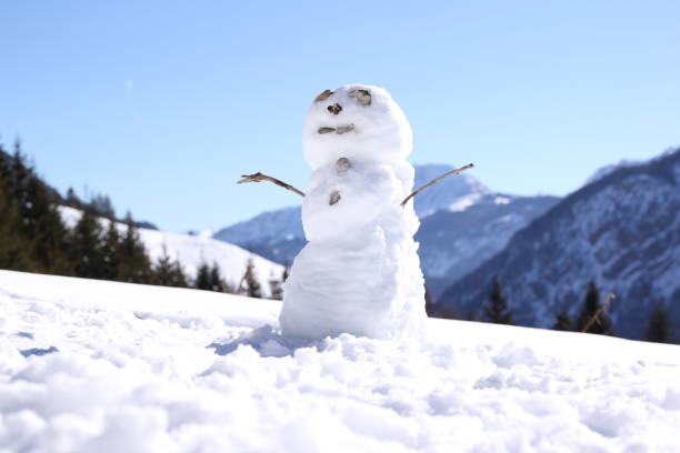 istock Snowman in front of wintry mountains 1198264181