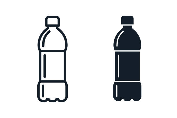 ilustraciones, imágenes clip art, dibujos animados e iconos de stock de juego de icono negro de botella de plástico. ilustración de estilo plano vectorial - plástico