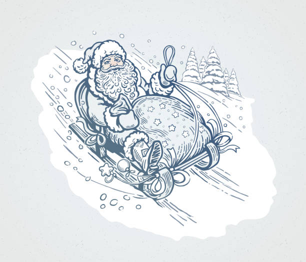 Santa Claus rides a sleigh Happy Santa with gift bag, rides sledding down the mountain positive negative slide stock illustrations