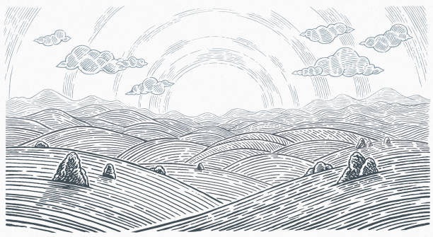 그래픽 스타일의 구릉 지대. - mountain engraving drawing illustration and painting stock illustrations