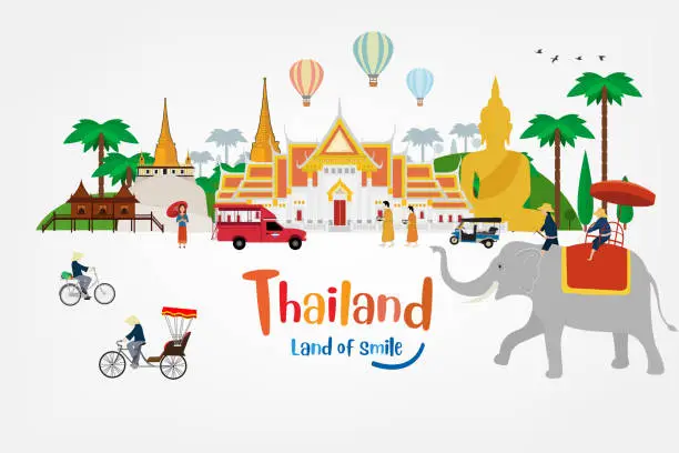 Vector illustration of Thailand land fo smile with attractions