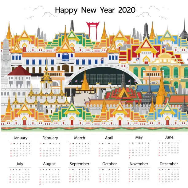 Vector illustration of Calendar 2020 Trendy. The Royal Thailand and Landmarks