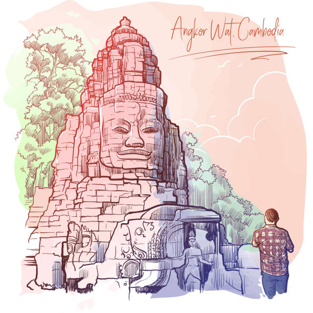 Buddha Temple in Angkor Wat, Cambodia. Painted sketch. Buddha Temple in Angkor Wat, Cambodia. Painted sketch. Vintage design. Travel sketchbook drawing. EPS10 vector angkor wat stock illustrations