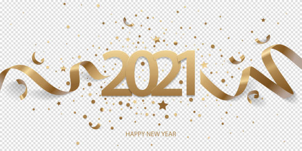 Happy New Year 2021. Golden numbers with ribbons and confetti on a transparent background.