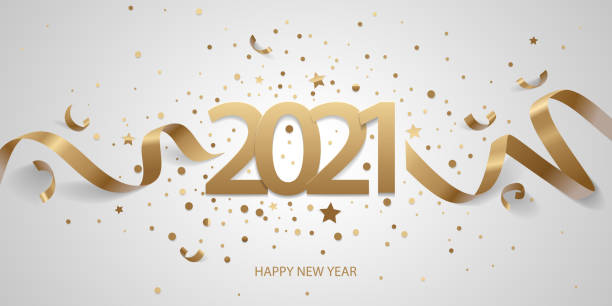 Happy New Year 2021 Happy New Year 2021. Golden numbers with ribbons and confetti on a white background. 2021 stock illustrations