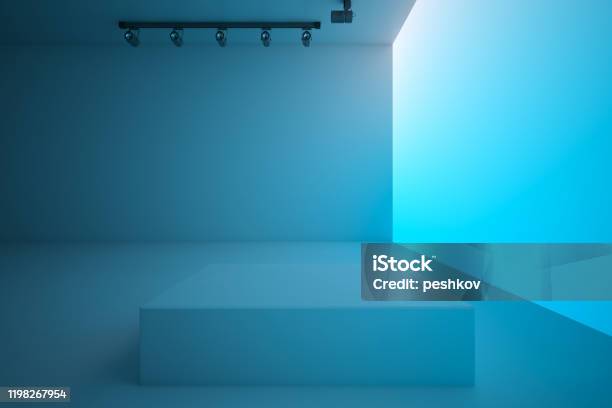 Empty Spacious Blue Hall With Lightning Blank Blue Gradient Wall And Empty Spacious Blue Hall With Lightning Blank Blue Gradient Wall And