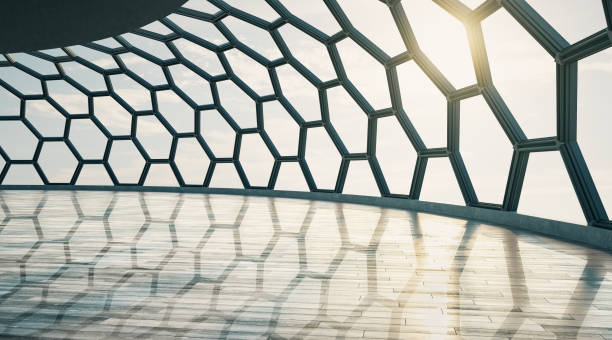 istock Empty modern exhibition hall for presentations with honeycomb window and wooden floor. 1198267995