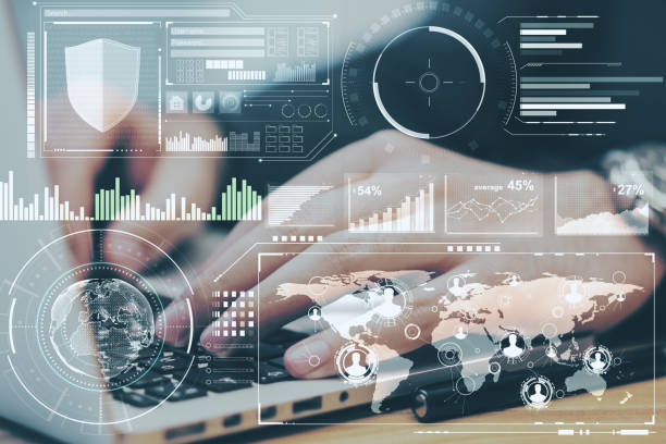 istock Trading concept with digital screen with diagram, graphs and data analysis and man working on laptop.Double exposure. 1198268859