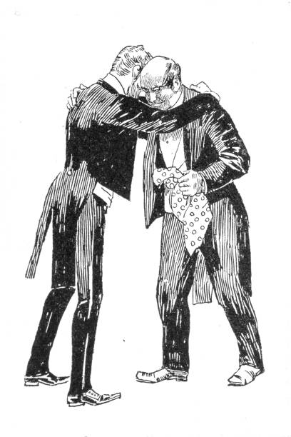 Old boys hugging in Tuxedos Engravings from the 1850 novel Handel en wandel by F.W. Hacklander showing domestic life in the mid 19th century in the 1886 Dutch edition dinner jacket stock illustrations