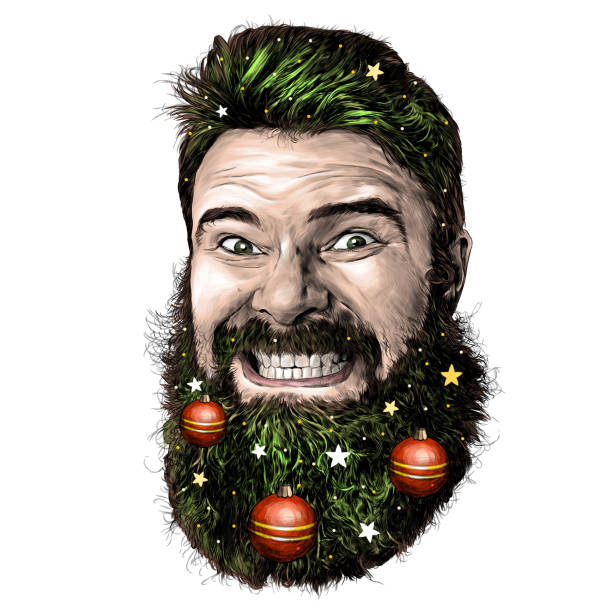 male face with long hair and beard with a tight smile with teeth on the beard hanging Christmas toys and Christmas decorations male face with long hair and beard with a tight smile with teeth on the beard hanging Christmas toys and Christmas decorations, sketch vector graphics illustration on a white background long beard stock illustrations