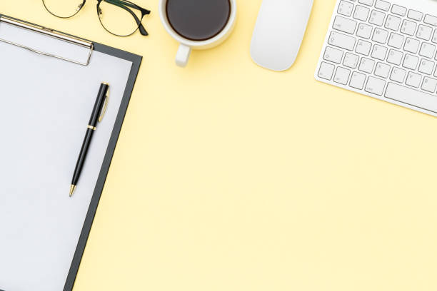 istock Office desk table with laptop, and supplies. Top view with copy space. Flat lay 1198271499