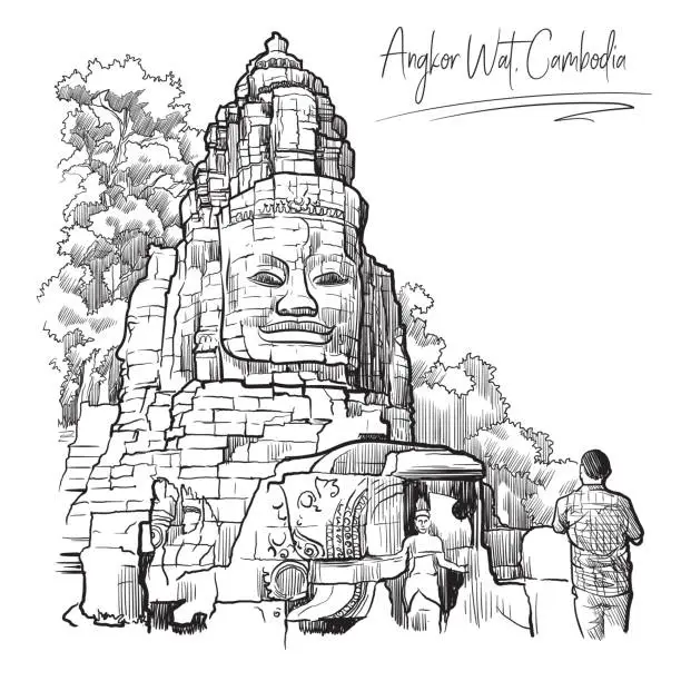 Vector illustration of Buddha Temple in Angkor Wat, Cambodia. Engraving style sketch.