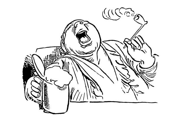 ビクトリア朝の笑顔の男の飲酒と喫煙 - smoke pipe men smoking点のイラスト素材／クリップアート素材／マンガ素材／アイコン素材