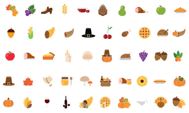 感謝祭のアイコンのセット - thanksgiving symbol turkey apple点のイラスト素材／クリップアート素材／マンガ素材／アイコン素材