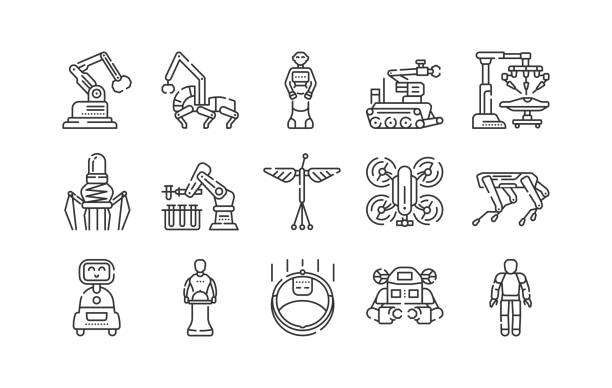 illustrazioni stock, clip art, cartoni animati e icone di tendenza di set di icone della linea nera dei robot. innovazione tecnologica. assistenti per persone in diversi settori. firma per la pagina web, app. ui ux gui elemento di progettazione. tratto modificabile. - chirurgia robotica