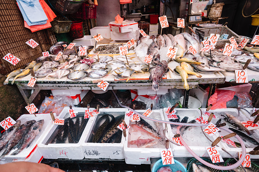 Choice of fish and seafood for sale at a market in Barcelona, Spain