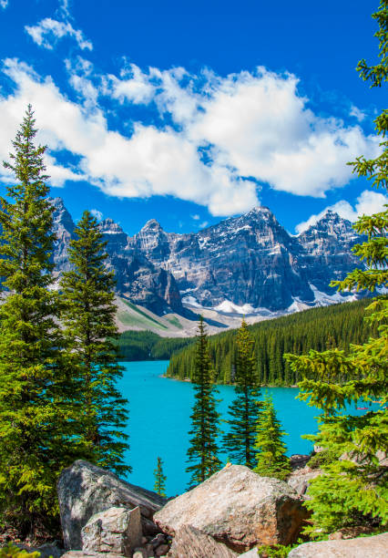 roche pile moraine lake, mont allen, mont tuzo, deltaform mountain - vertical scenics ice canada photos et images de collection