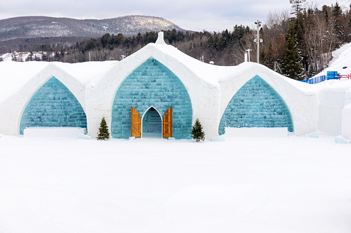 Quebec, Canada - January 2, 2020: The HÃ´tel de Glace is a functional hotel with bar made entirely out of ice and snow in Saint-Gabriel-de-Valcartier area North of Quebec City.