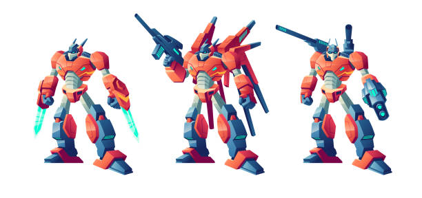 Transformer battle robots cartoon vector set Battle robots, transformers armed laser swords, plasma gun and shoulder cannons cartoon vector set isolated on white background. Alien robotic form of life, military machine, popular toy illustrations cartoon robot images stock illustrations