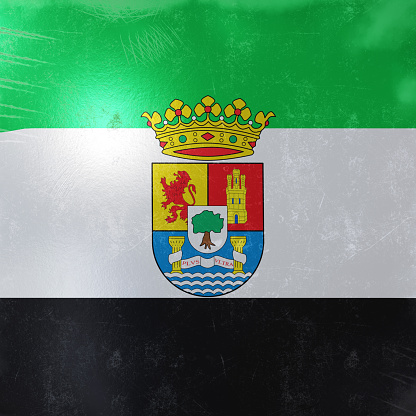3d rendering of a rusty and old Extremadura Spain Community flag on a metallic surface.
