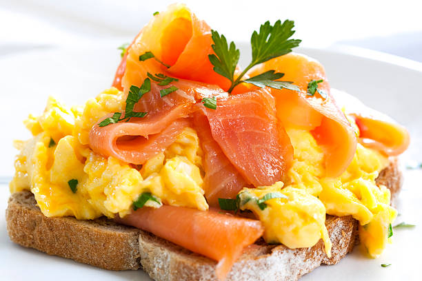 Smoked Salmon Scrambled Eggs  smoked salmon stock pictures, royalty-free photos & images