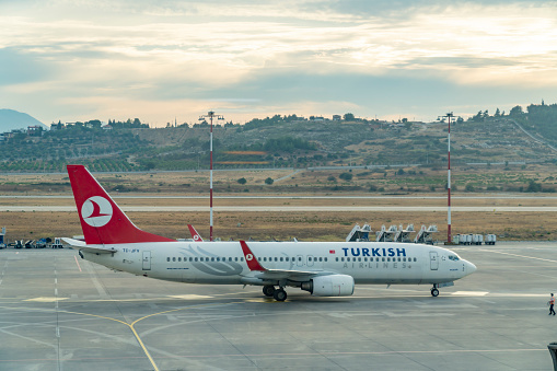 Istanbul, Turkey, 09.25.2017; Sabiha Gokcen Airport. Turkish Airlines aircraft standing in taxi position.