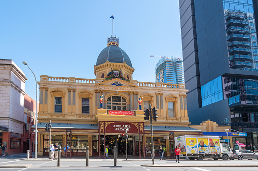 Adelaide, Australia - January 7th, 2020: A view of the entrance to Adelaide's famous Rundle Mall Arcade Building.