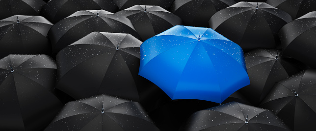 Crowd of black Umbrellas with one unique blue outstanding umbrella