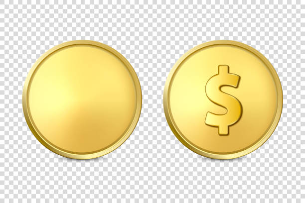 벡터 3d 현실적인 황금 금속 동전 아이콘 세트, 빈 및 달러 기호, 투명 한 배경에 격리 닫힙니다. 디자인 템플릿, 금 돈의 클립 아트, 통화. 금융 개념. 정면 보기 - 동전 stock illustrations