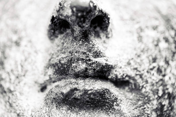 Closeup face of old bronze statue, black and white, background with copy space