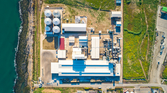 Istanbul, Turkey - February 19, 2019 : Aerial view of industrial factory, refinery, chemicals storage plant or facility.