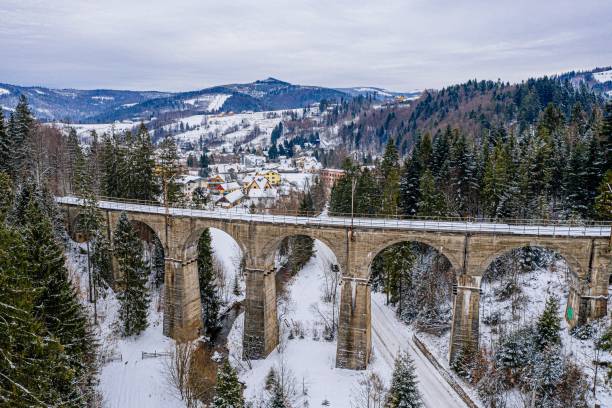 istock Aerial drone view on railway viaduct at winter 1198296093