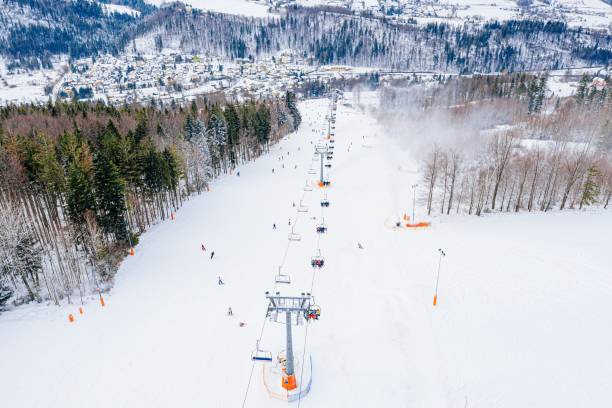 istock Drone view on ski slope in Polish Beskid mountains 1198296106