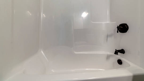 istock Panorama Modern clean white tiled bathroom interior in home 1198297282