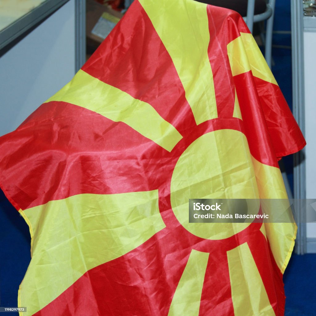 The flag of Northern Macedonia on the chocolate exhibition in Kragujevac. Art Stock Photo