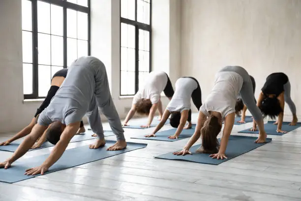 Photo of Diverse people doing Downward facing dog exercise, practicing yoga