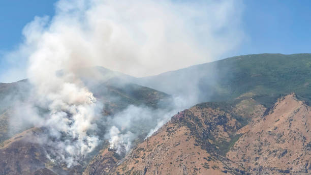 istock Pano frame Mountain landscape with smoke from wild forest fire against clear blue sky 1198300941