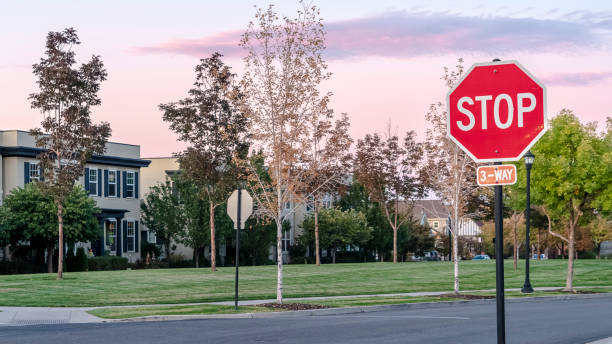 istock Panorama frame Stop sign at a street intersection at sunset 1198300966