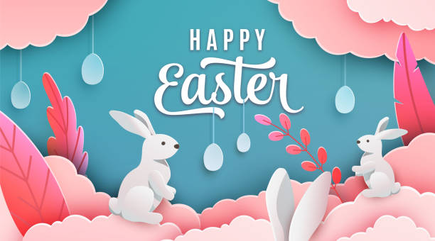 glücklich ostern banner hintergrund. urlaub gruß in papier geschnitten 3d-stil mit wolken, hase, pflanze, ei, ohren. vektor-illustration. ort für ihren text - isolated spring red flower stock-grafiken, -clipart, -cartoons und -symbole