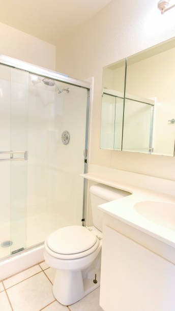 istock Vertical frame White bathroom with shower and glass door 1198305869