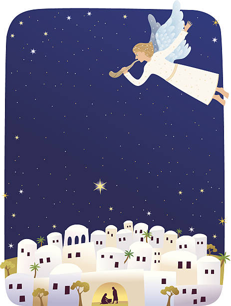 Card with trumpeting angel announcing birth of Jesus vector art illustration