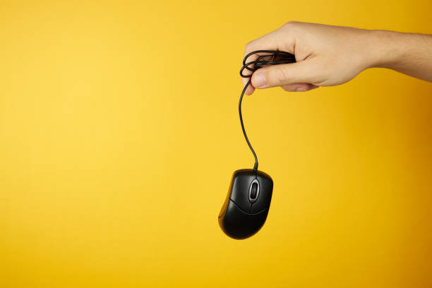 istock The black computer mouse at hand on a yellow background with copy space.  hardware maintenance service concept. 1198310684