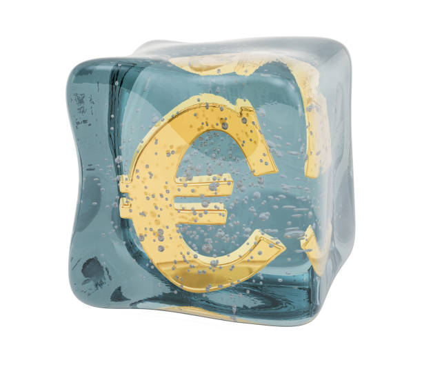 istock Euro symbol frozen in ice cube, 3D rendering isolated on white background 1198310849