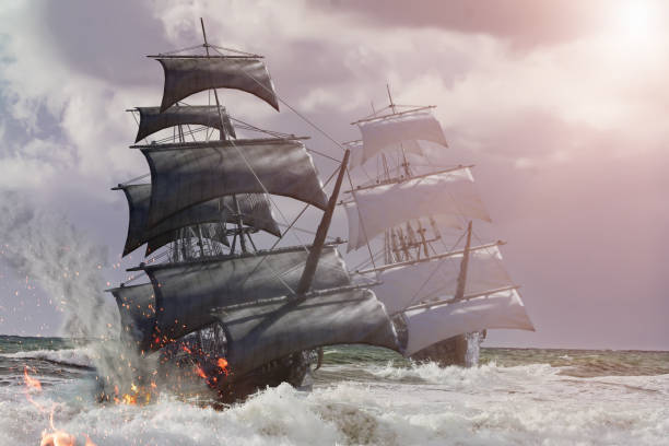 sea battle pirate ship 3d render - sea battle imagens e fotografias de stock