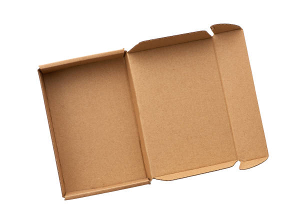 상품을 운반하기위한 열린 직사각형 작은 갈색 상자 - paper recycling brown paper craft 뉴스 사진 이미지