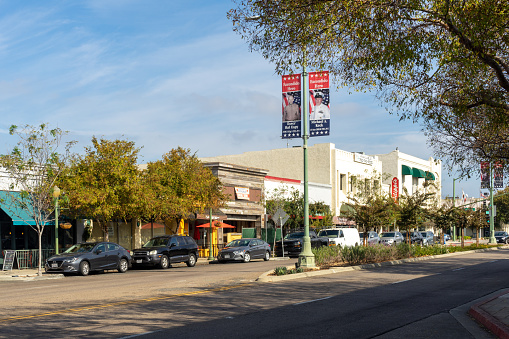 Escondido, CA / USA – November 15, 2019: View of businesses on Grand Avenue in the San Diego County town of Escondido in California.