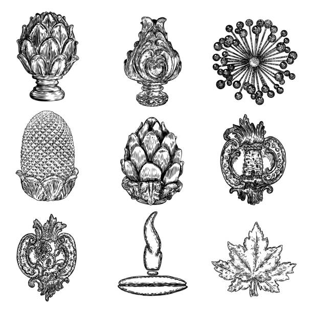 Set of brass or stone finial hand drawing and other decorative elements. Detailed architecture design element. Vector.