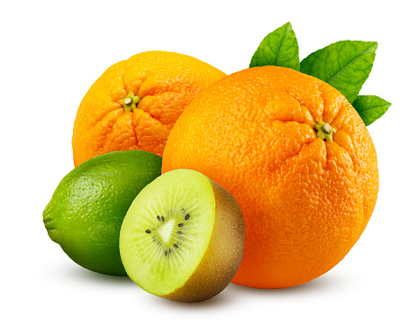 Orange Fruits with Kiwi and Lime isolated on white background